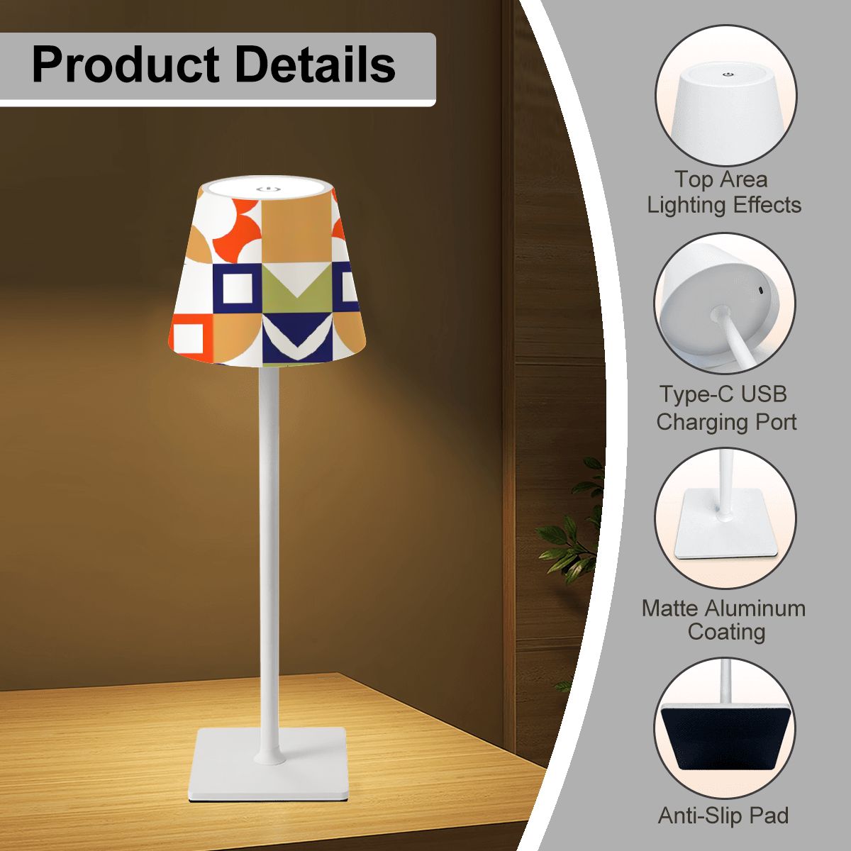 Modern Mahjong Geometric Orange Green Navy Blue LED Cordless Table Lamp
