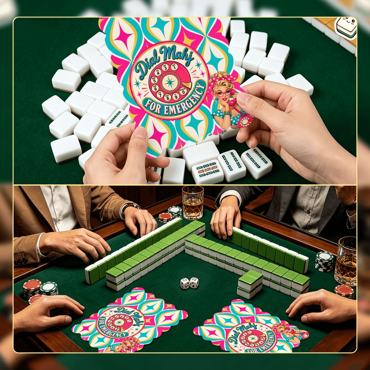 Funny Dial Mahj For Emergency Nostalic DesigneScalloped Mahjong Shuffler Cards  Set of 4