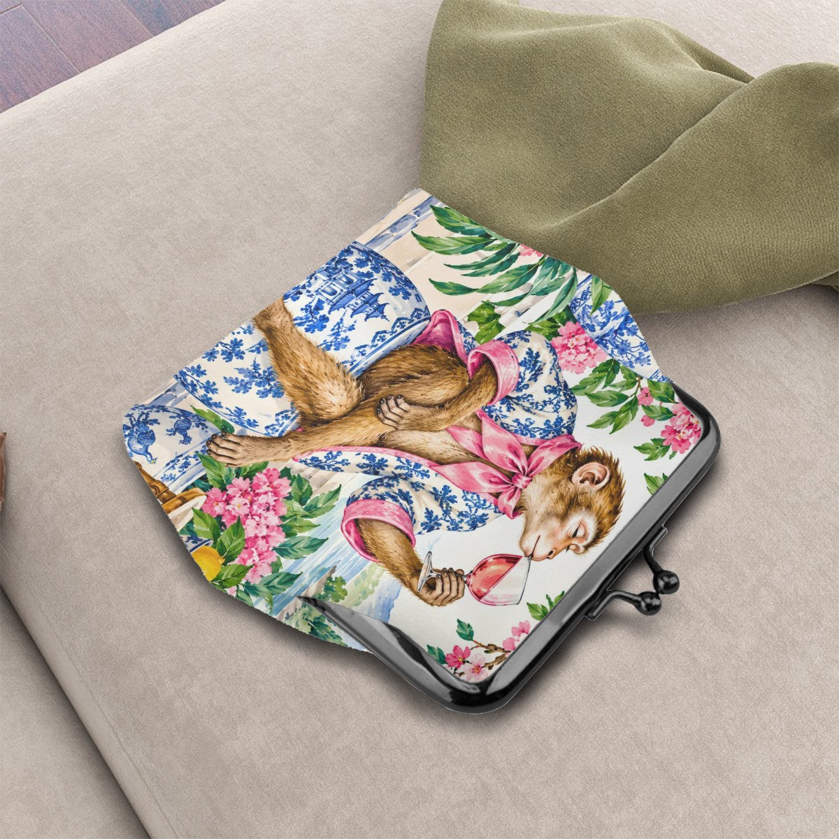Garden Party Gone Wild Chinoiserie Monkey Women's Leather Kiss Lock Coin Purse
