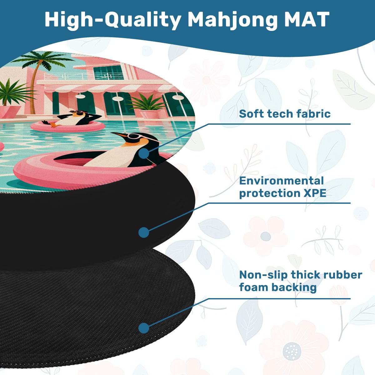 Penguins Poolside At The Palm Round Mahjong Mat - Splash Of Mahj And Color Co.