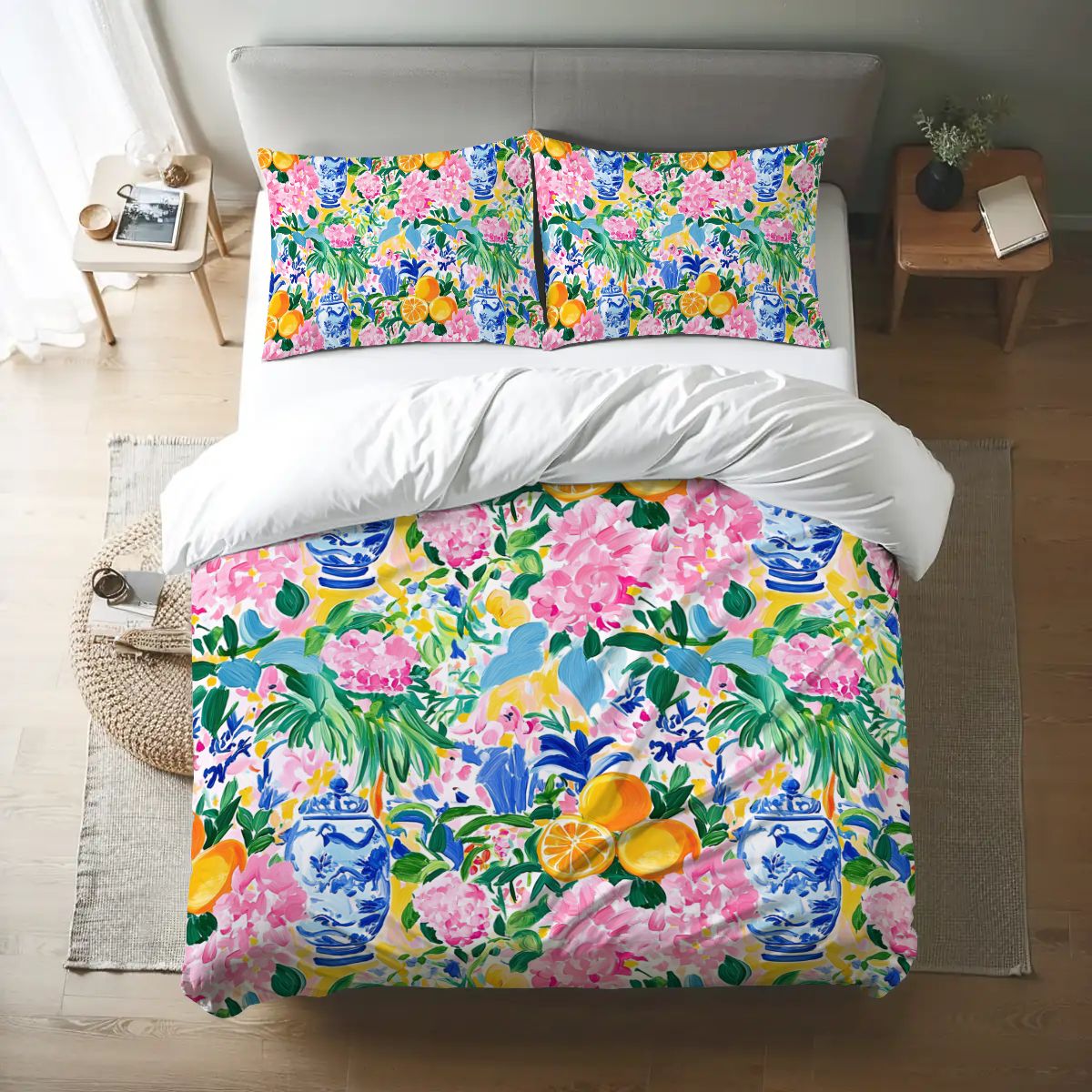 Preppy Pastel Asian Chinoiserie Flora Queen Duvet Cover Set - Splash of Color Co.