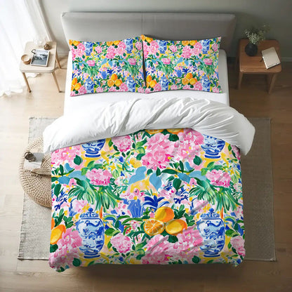 Preppy Pastel Asian Chinoiserie Flora Queen Duvet Cover Set - Splash of Color Co.