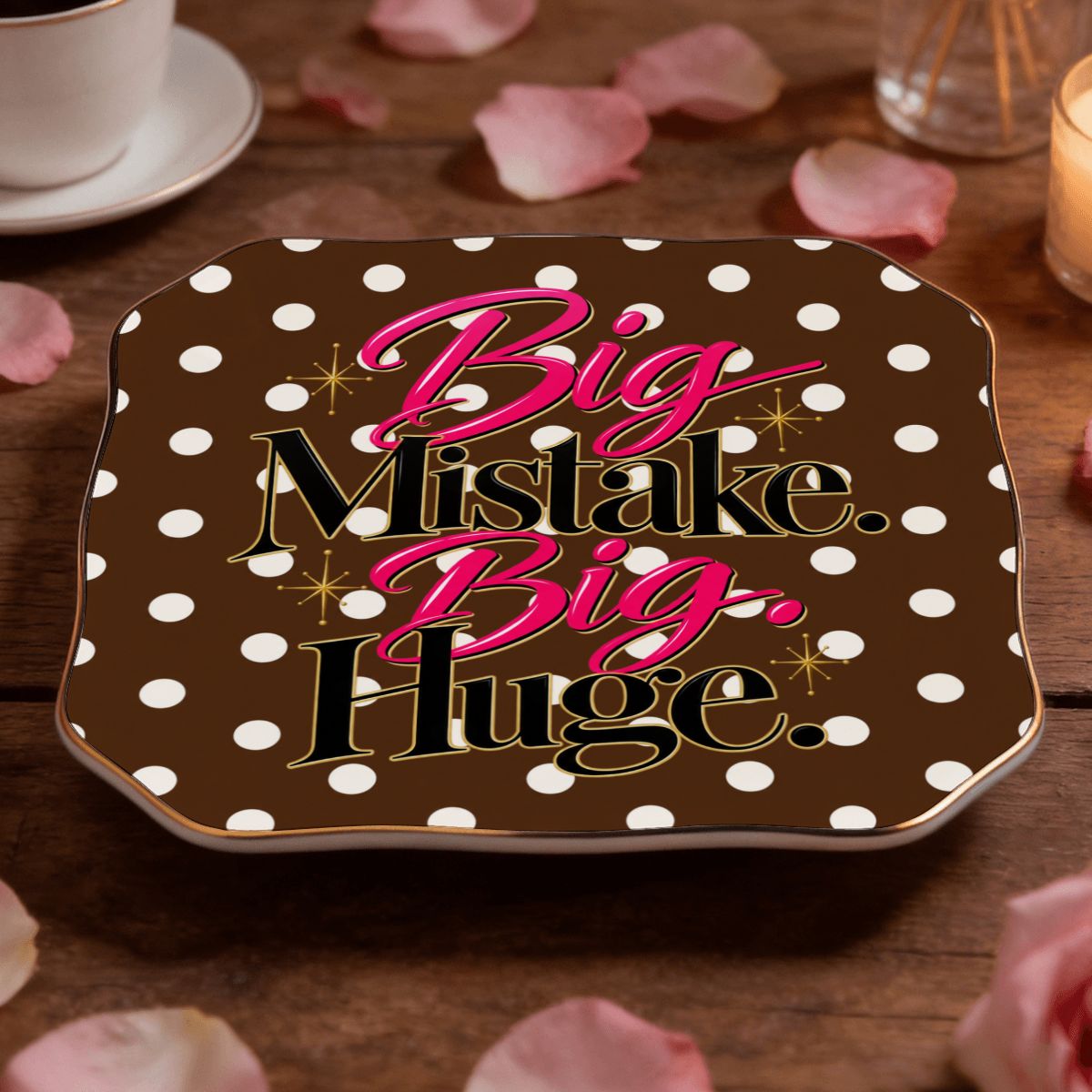 Brown And White Polka Dot, Big Mistake Funny Scalloped Ceramic Mahjong Dice Tray - Splash Of Mahj And Color Co.