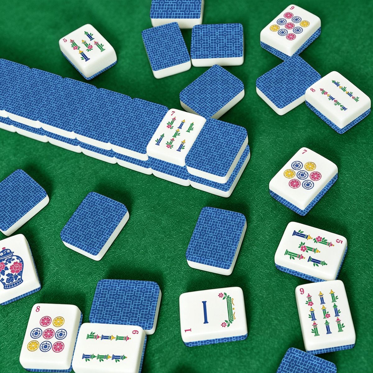 Modern Geometric Blue Chinoiserie Pastel Engraved Mahjong Tiles And Carry Case