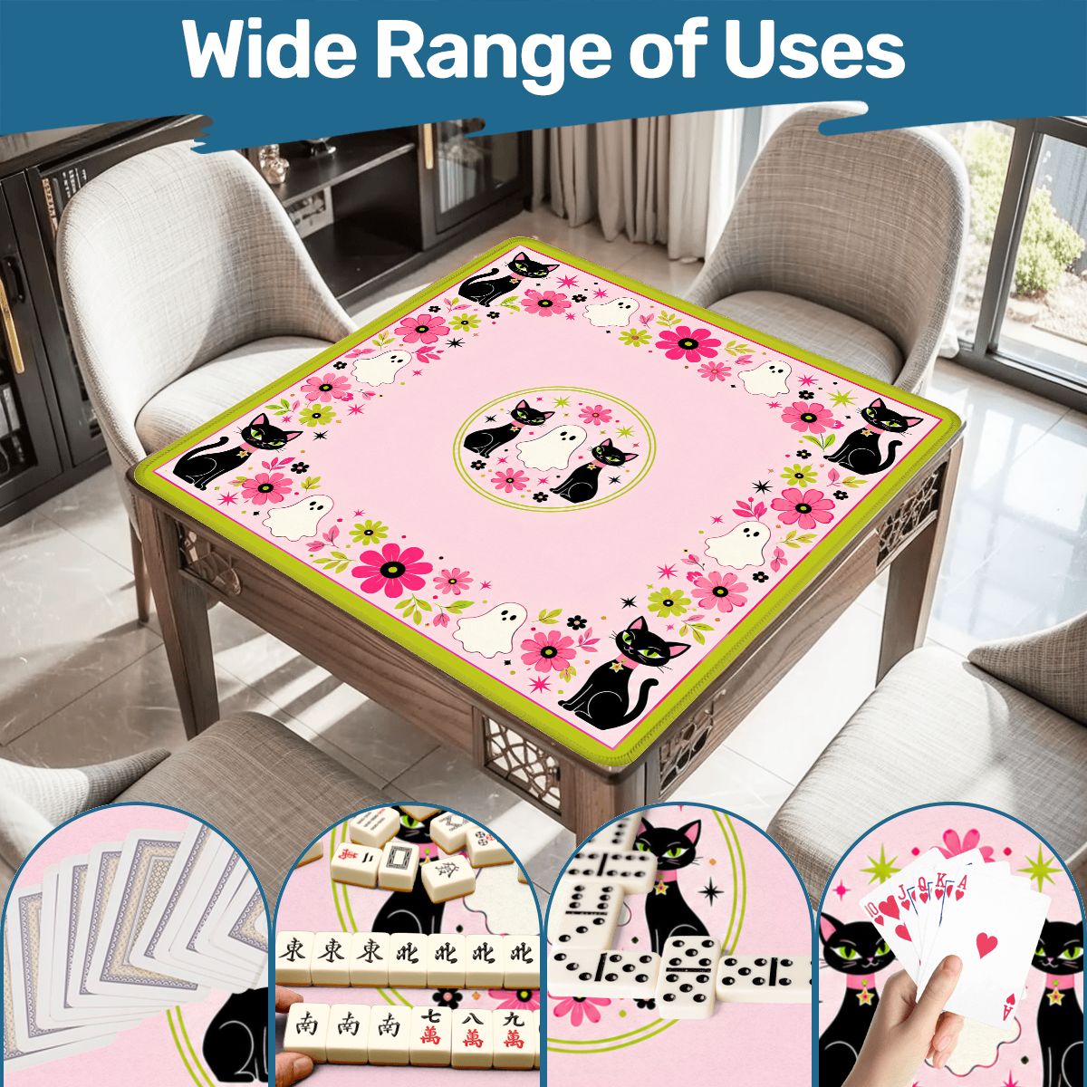 Kitty Ghost Brigade Pink And Green Halloween Mahjong Mat - Splash Of Mahj And Color Co.