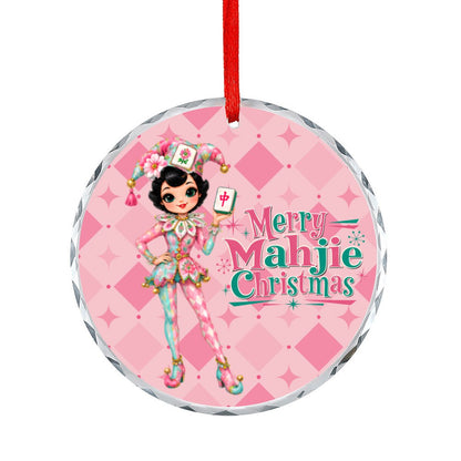 Merry Mahjie Christmas Pink Harlequin Round Glass Christmas Ornament