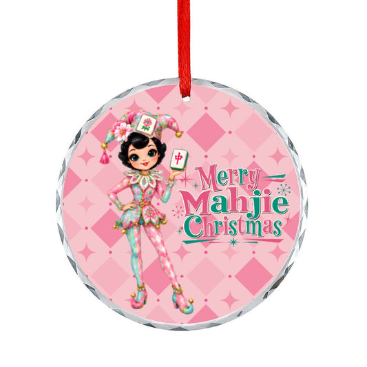 Merry Mahjie Christmas Pink Harlequin Round Glass Christmas Ornament - Splash Of Mahj And Color Co.