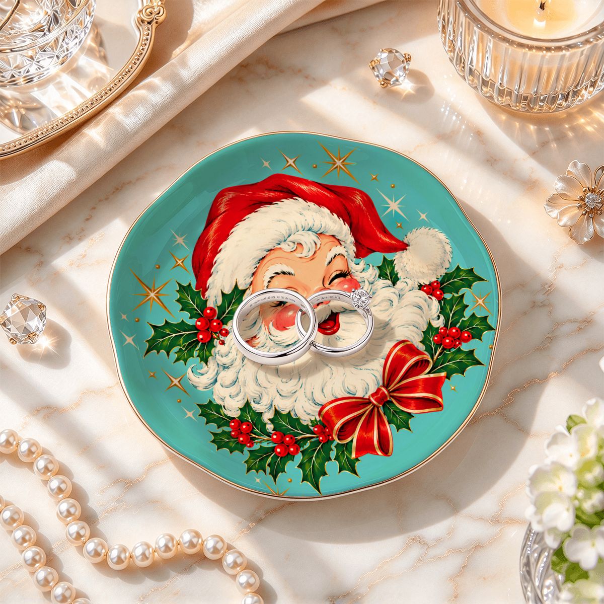 Nostalgic Santa Round Scalloped Ceramic Mahjong Dice Tray - Splash Of Mahj And Color Co.