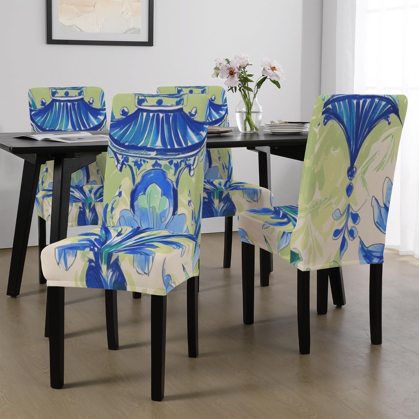 Chinoiserie Pagoda Asian Zen Green Blue Watercolor Designed Chair Covers Custom Chair Covers - Splash of Color Co.