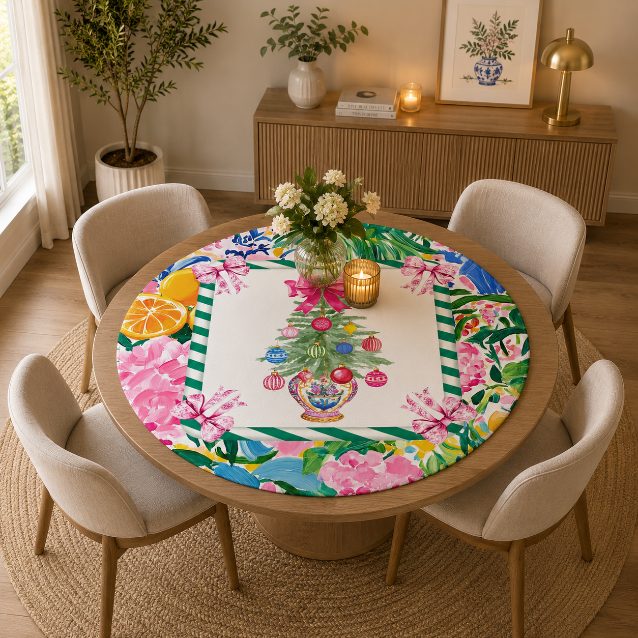 Chinoiserie Christmas Sunny Citrust Holiday Round Mahjong Mat