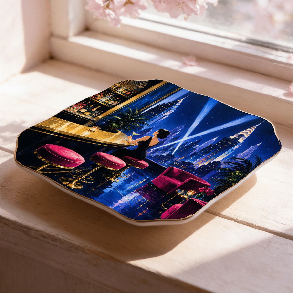 Art Deco Midnight At The Oasis Scalloped Ceramic Mahjong Dice Tray