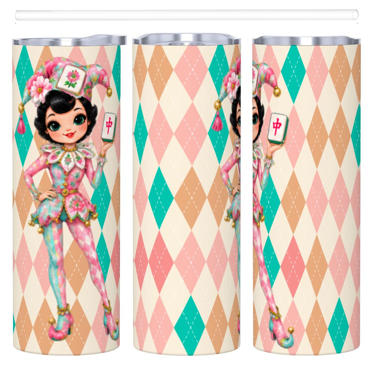 Mahjie The Mascot Whimsical Harlequin Mahjong Lover 20oz Straight Stainless Steel Tumbler with Straw - Splash Of Mahj And Color Co.
