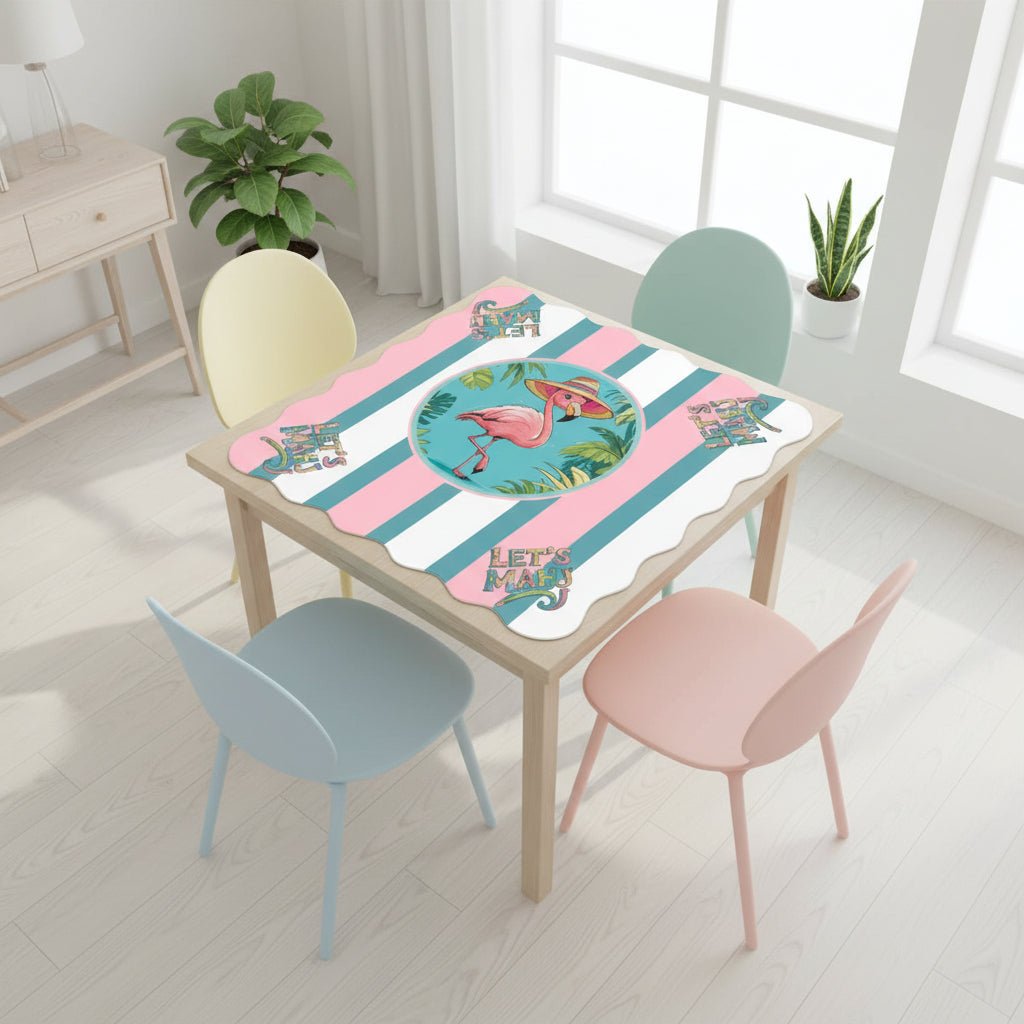 Let's Mahj Tropical Flaminog Pink And White Striped Scalloped Mahjong Mat - Splash of Color Co.
