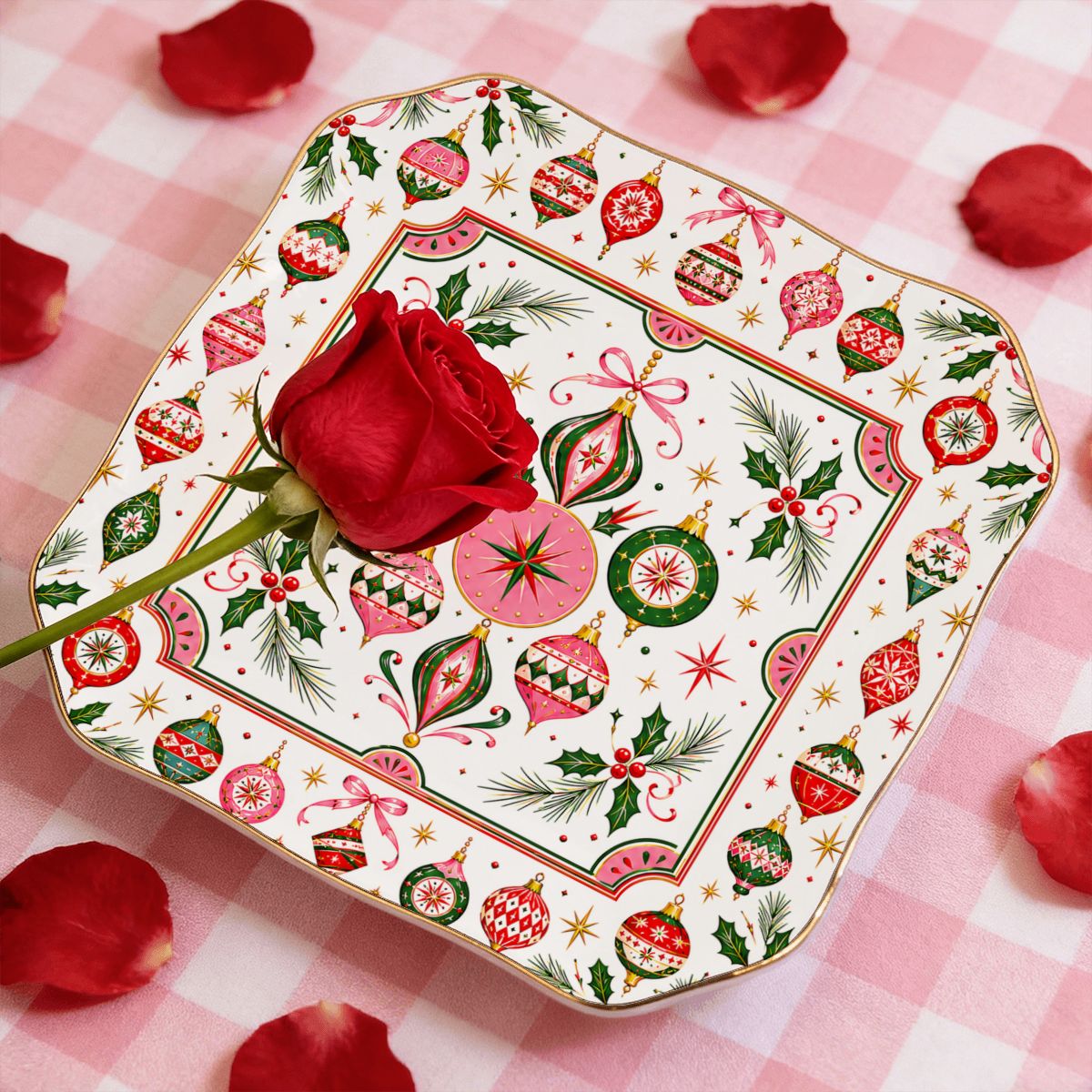 Shiny Brite Vintage Nostalgic Christmas Scalloped Ceramic Mahjong Dice Tray