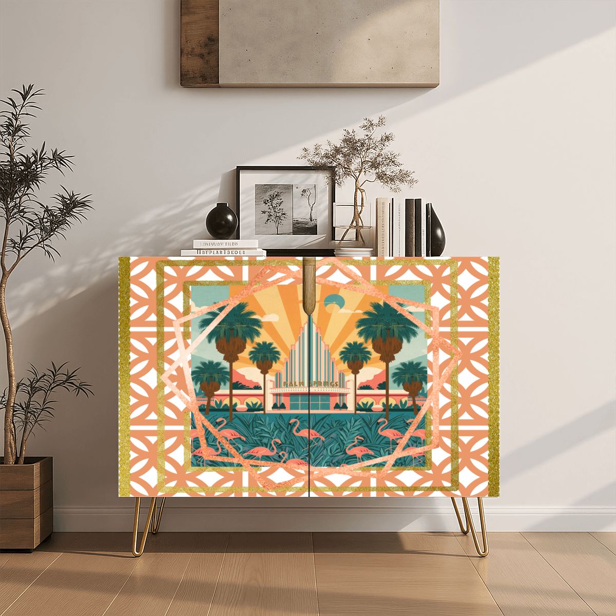 Art Deco Modern Wooden Storage Cabinet, Featuring Palm Springs California - Splash of Color Co.