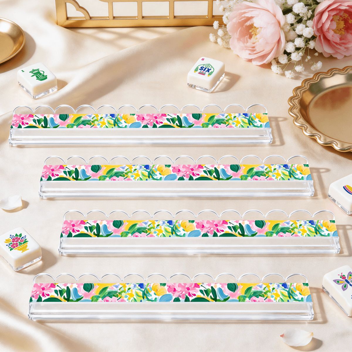 Sunny Chinoiserie Floral Watercolor Extended Mahjong Rack Set of 4  Scalloped Magnetic Tile Pusher 20'