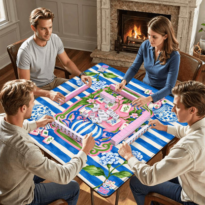 Preppy Petal Chinoiserie Blue And Pink Mahjong Mat