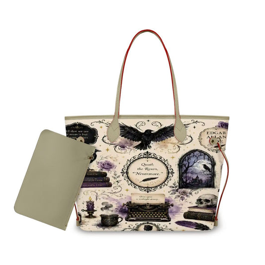 Edgar Alle Poe Literature Lover Vegan Leather Tote Bag with Mini Pouch - Splash Of Mahj And Color Co.