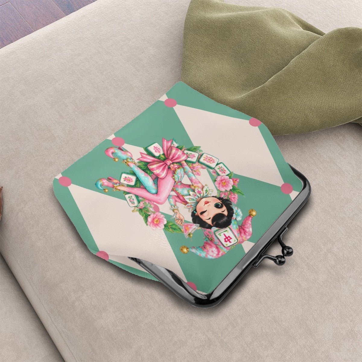 Mahjie The Mahjong Mascot Harlequin Designed Women's Leather Kiss Lock Coin Purse - Splash Of Mahj And Color Co.