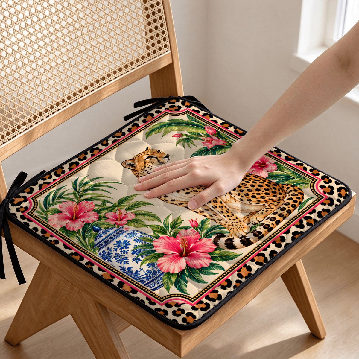 Leopard Chinoiserie Print Quilted Chair Cushion