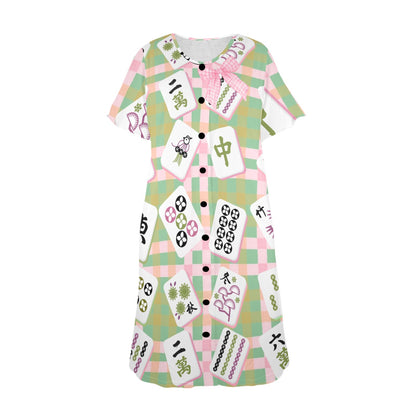 Preppy Mahjong Muumuu Dress Green Pink Whimsical Mahj Tile Designed - Splash of Color Co.