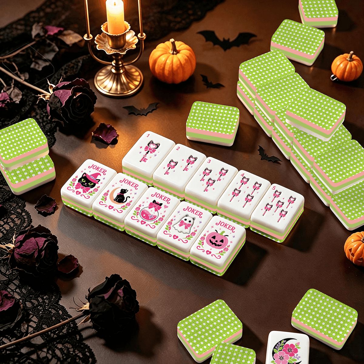 Limoncello Cane Witch's and Kitties Halloween Mahjong Layered Tiles With Carry Case - Splash Of Mahj And Color Co.