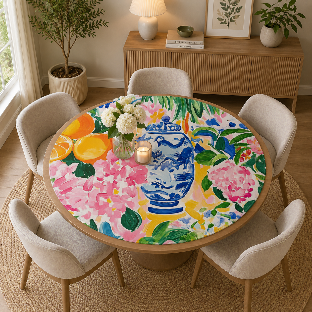 Floral Asian Citrus Sunny Chinoiserie Round Mahjong Mat
