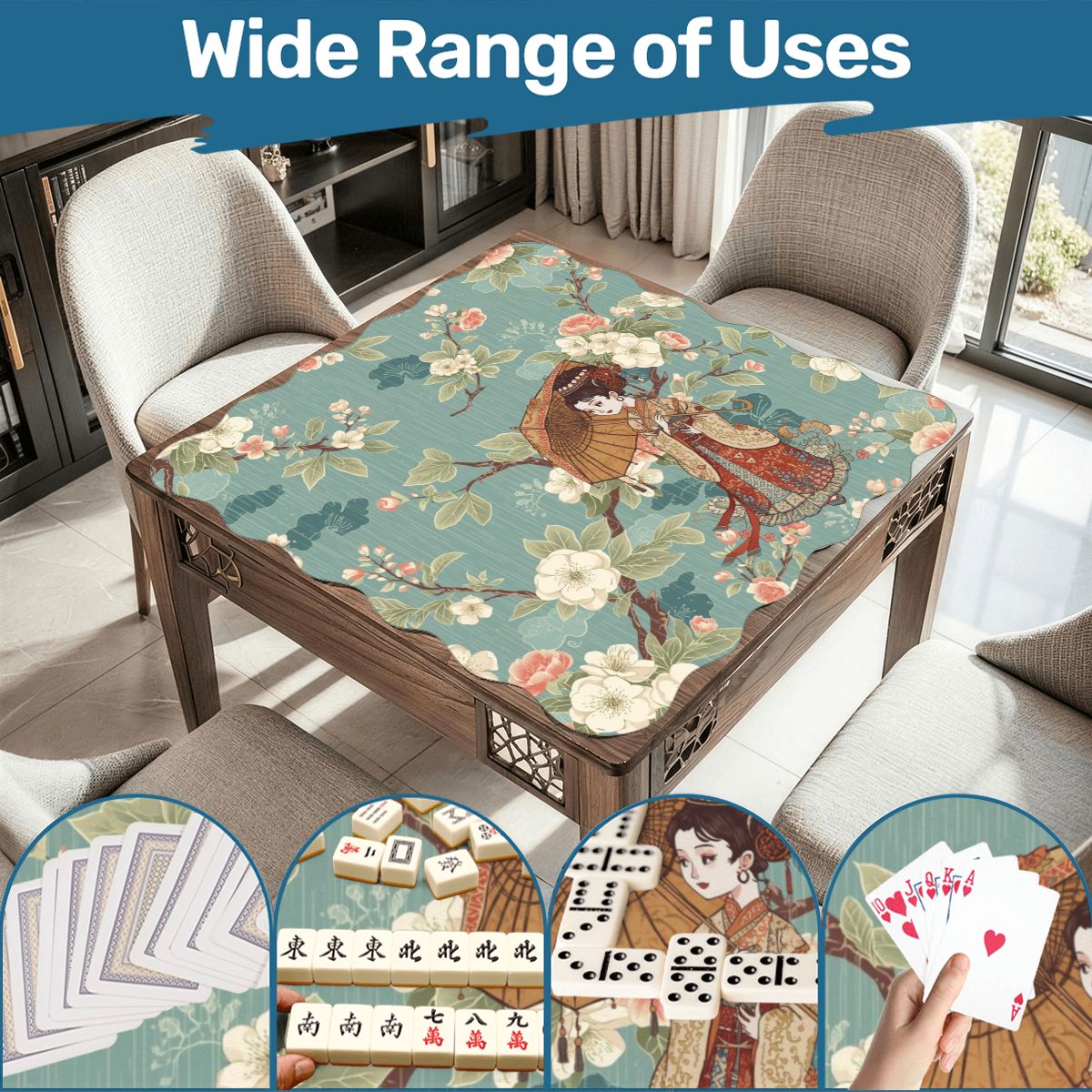 Asian Floral Blossom Geisha Girl Scalloped Mahjong