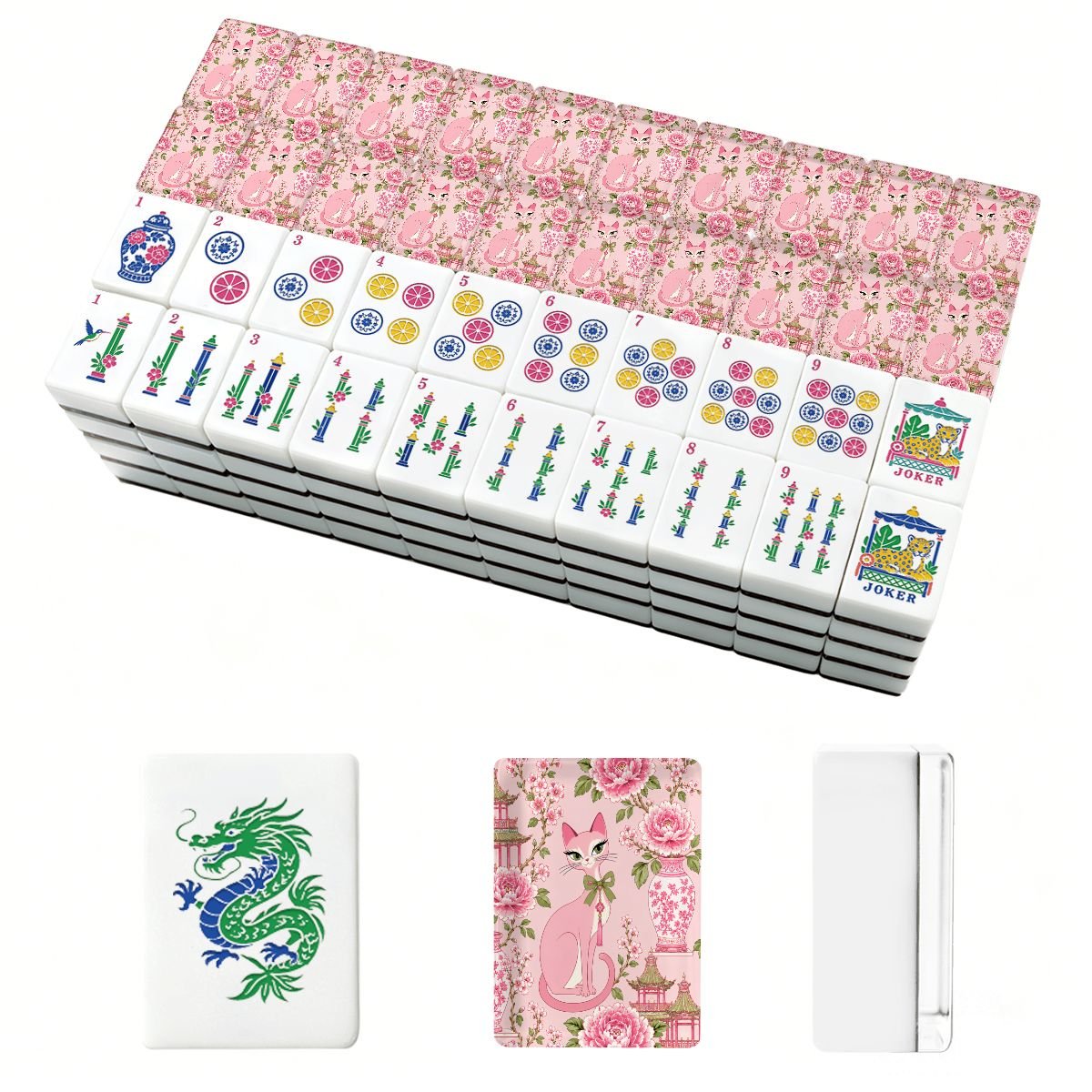 Pink Palm Pagoda Purr Engraved Chinoiserie Mahjong Tiles And Carry Case - Splash Of Mahj And Color Co.