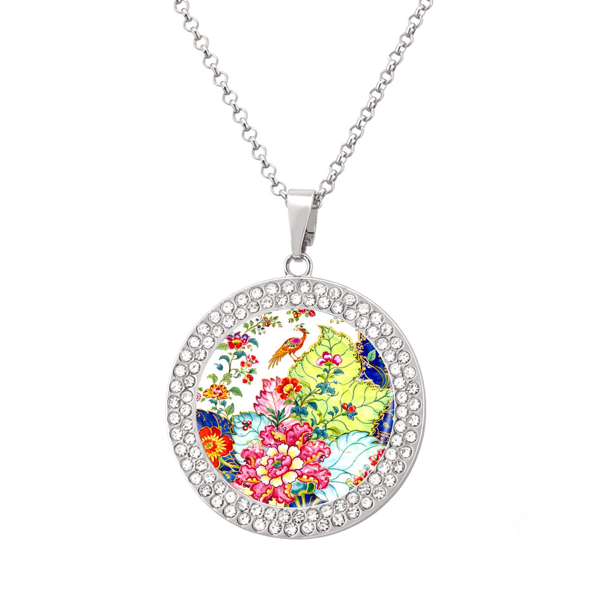 Tobacco Leaf Bam Bird Round Rhinestone Pendant Necklace