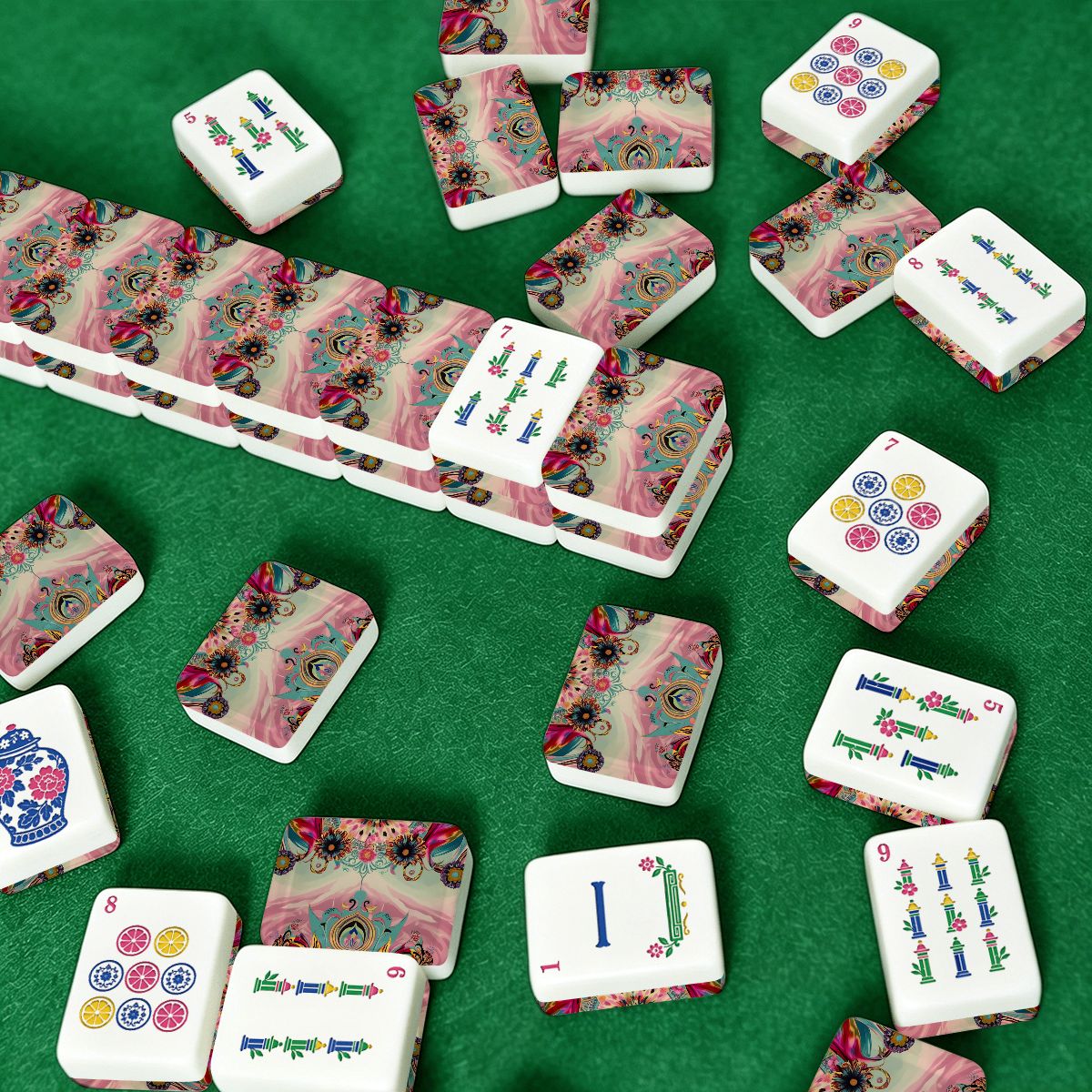 Bejeweled Toned Ikat Watercolor, Chinoiserie Mahjong Tiles And Carry Case - Splash Of Mahj And Color Co.