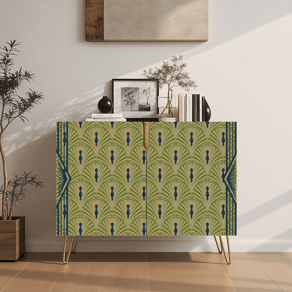 Art Deco Modern Wooden Storage Cabinet, Army Green, Royal Blue Fan Design - Splash of Color Co.
