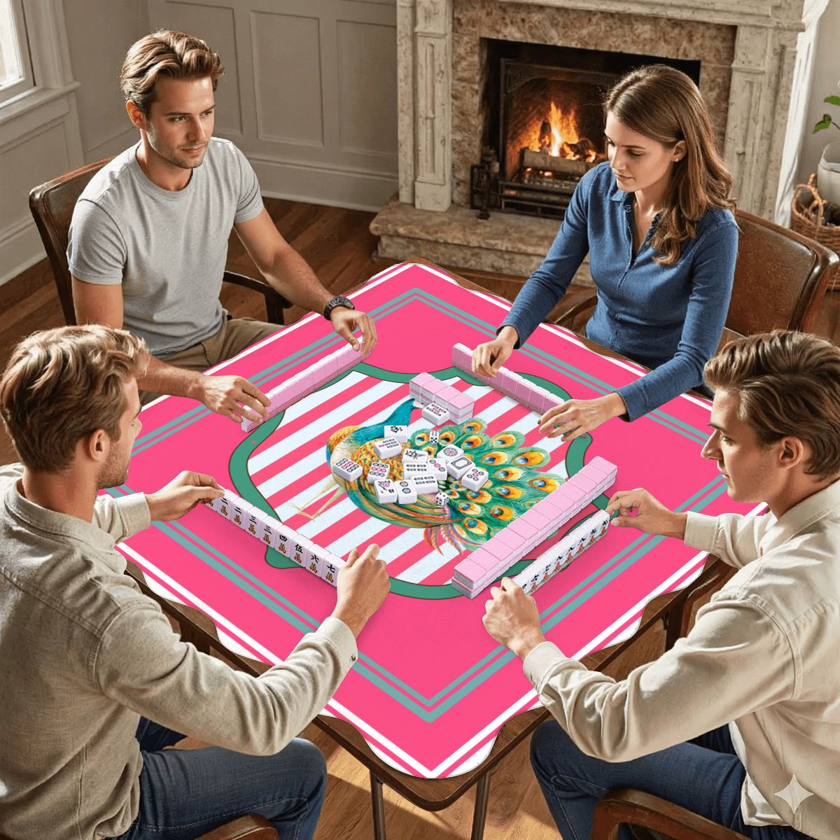 Pretty As A Pink Peacock Scalloped Mahjong Mat - Splash of Color Co.