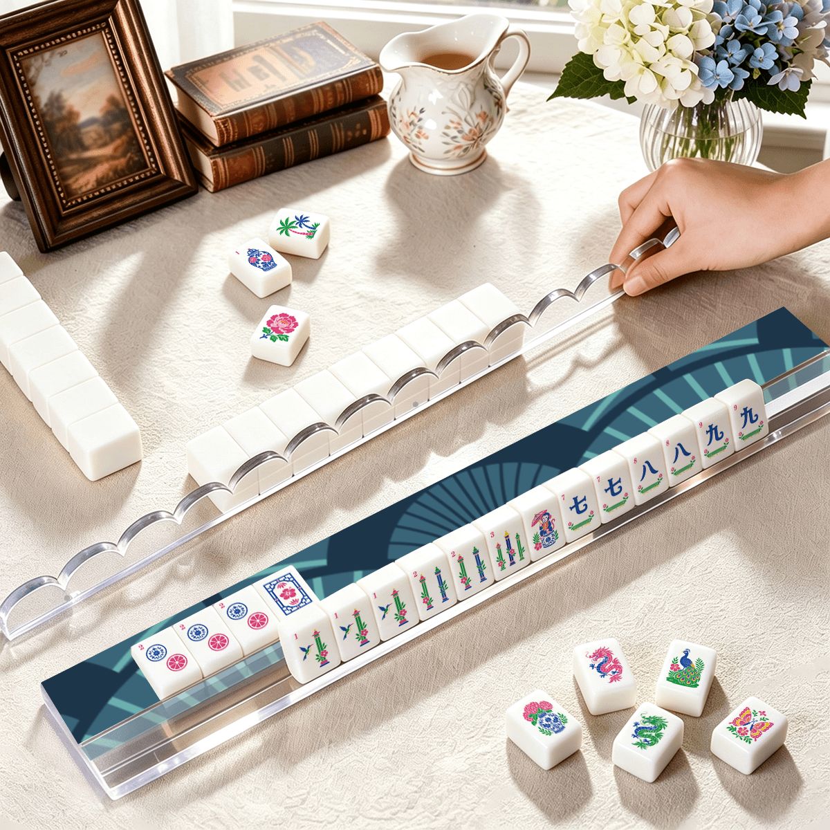 Art Deco Blue Extended Mahjong Rack Set of 4 Scalloped Magnetic Tile Pusher 20' - Splash Of Mahj And Color Co.