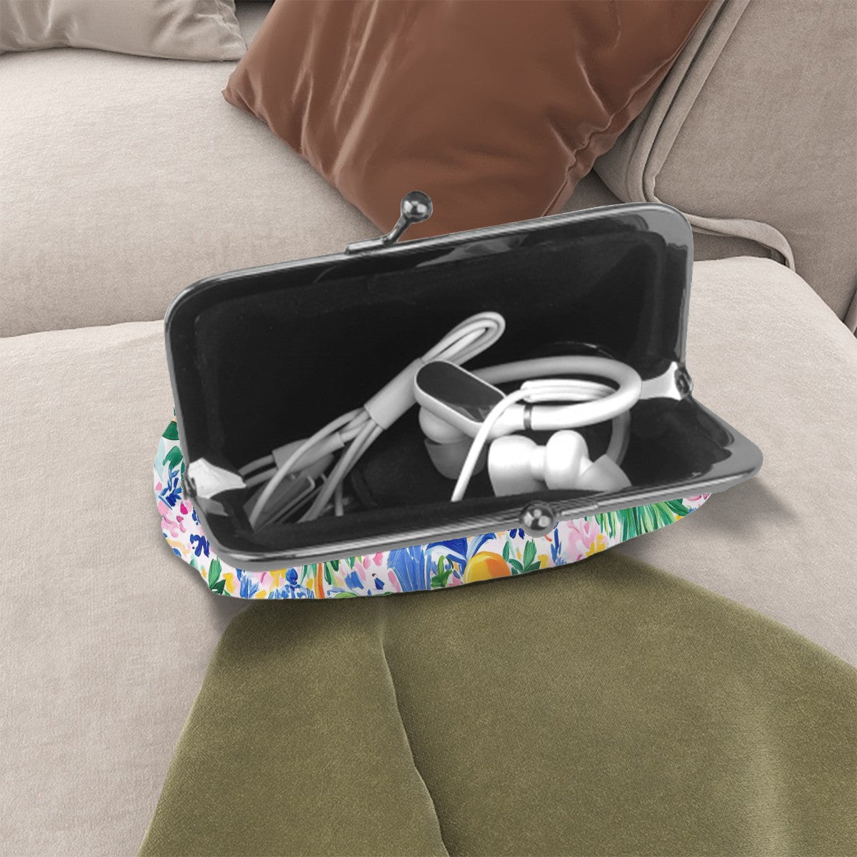 Sunny Citrus Preppy Chinoiserie Women's Leather Kiss Lock Coin Purse - Splash of Color Co.