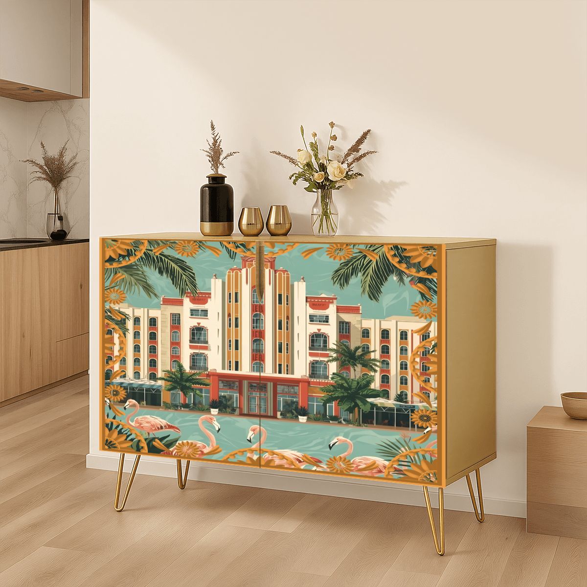 Art Deco Old World Florida Modern Wooden Storage Cabinet - Splash of Color Co.