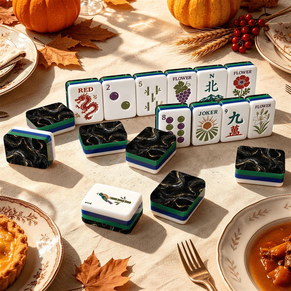 Midnight Black Marbled Tuscan Earthy Botanical American Mahjong Tiles And Carry Case