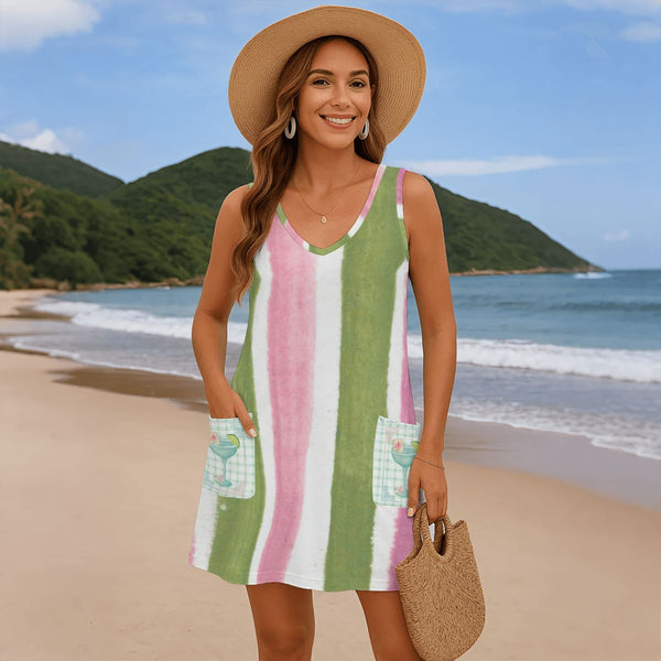 Preppy Watercolor Green And Pink Striped Mahjong Women's Sleeveless Dress with Pockets - Splash of Color Co.