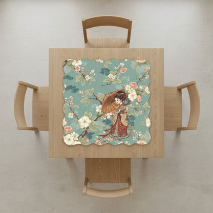 Asian Floral Blossom Geisha Girl Scalloped Mahjong