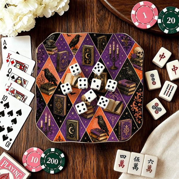 Harlequin Poe Halloween Fall Scalloped Ceramic Mahjong Dice Tray