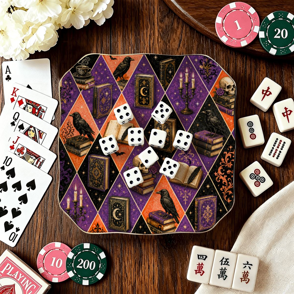 Harlequin Poe Halloween Fall Scalloped Ceramic Mahjong Dice Tray