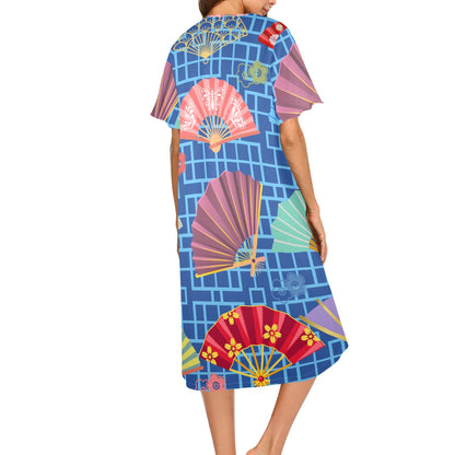 Mahjong Muumuu Dress, Asian Fans Blue Geometric Whimsical Pattern - Splash of Color Co.