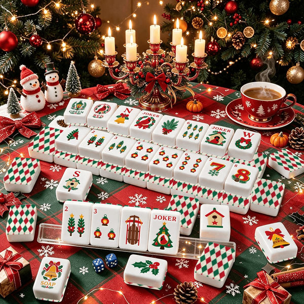 Harlequin Green And Red Christmas Cardinal Mahjong Tiles With Carry Case