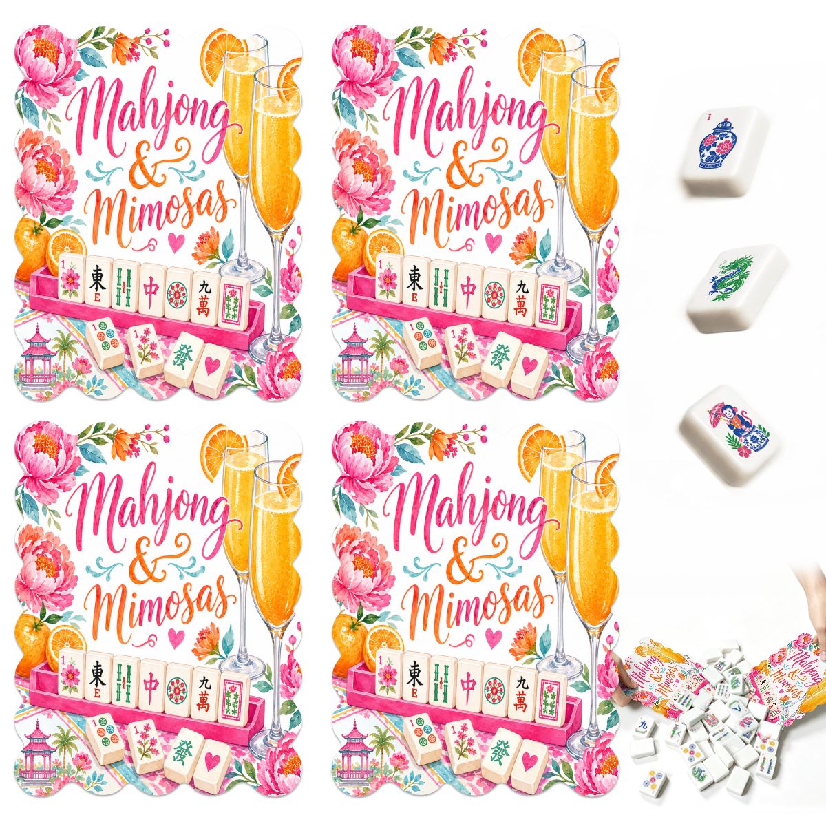 Mahjong And Mimosas Scalloped Mahjong Shuffler Cards  Set of 4