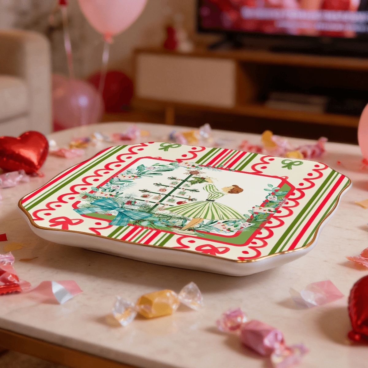 Books And Nooks Mahjong Christmas Scalloped Ceramic Mahjong Dice Tray