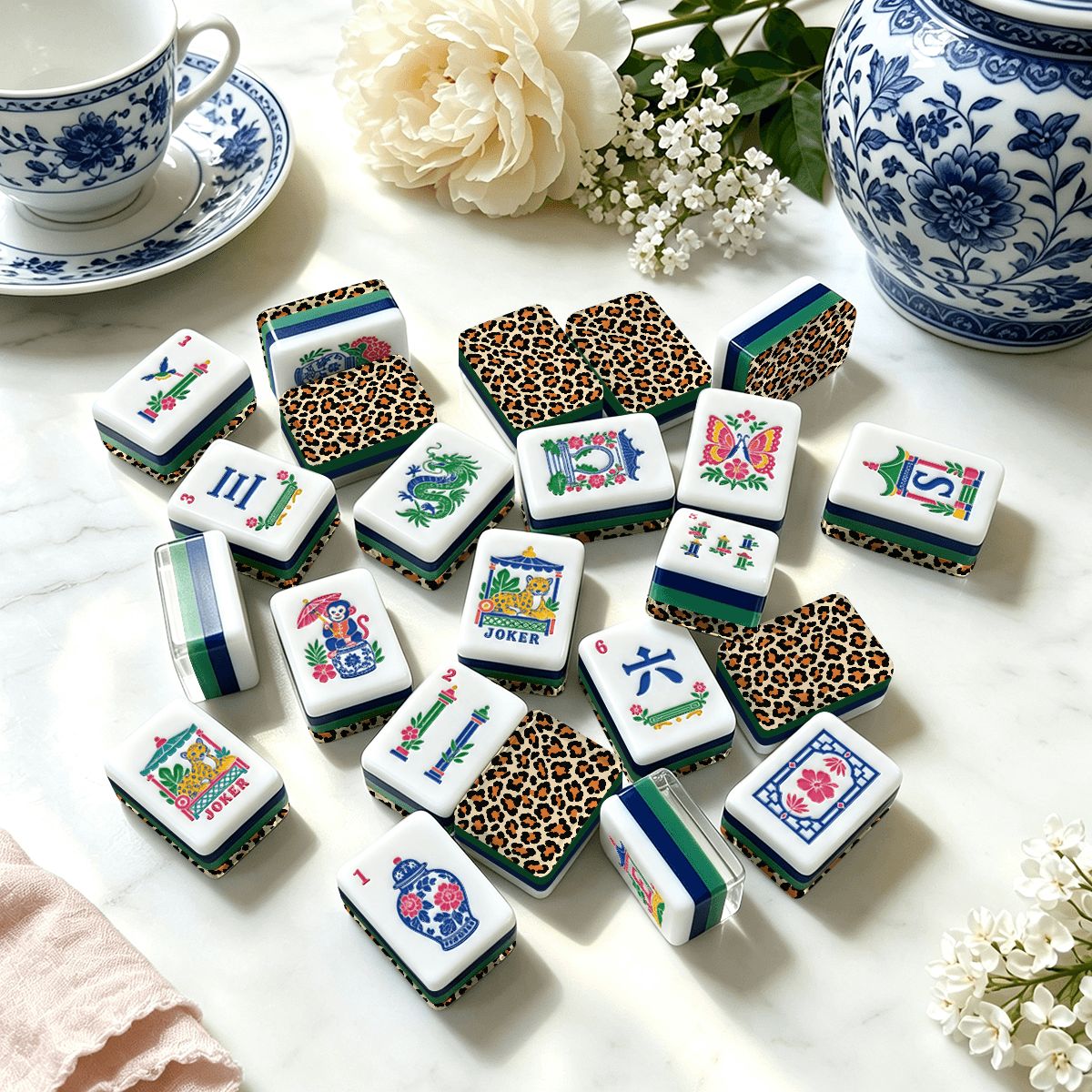 Wild Side Leopard Print Chinoiserie Chic American Mahjong Tiles And Carry Case - Splash Of Mahj And Color Co.