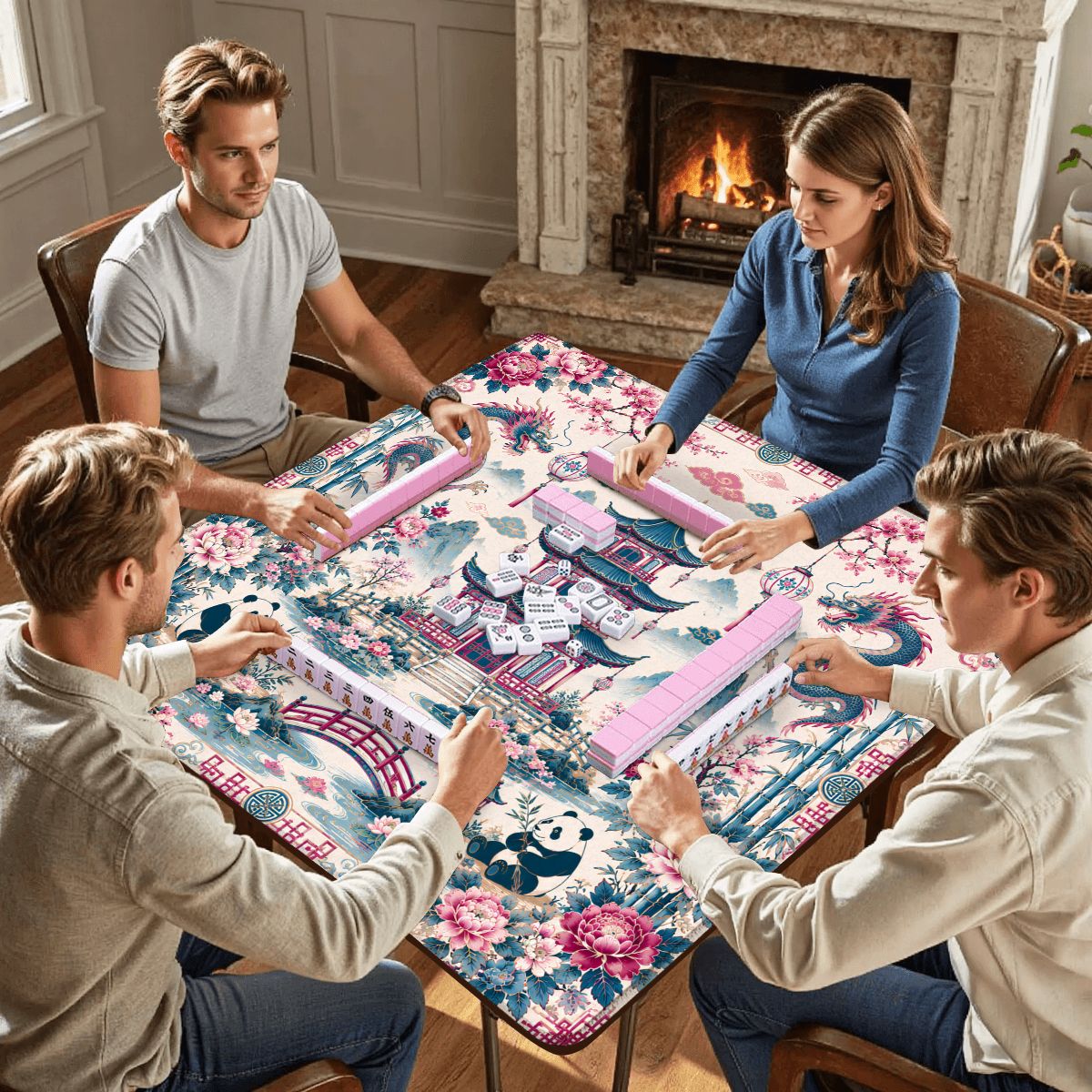 Playful Pandas And Dragon Chinoiserie Pagoda Mahjong Mat Blue And Mauve - Splash Of Mahj And Color Co.