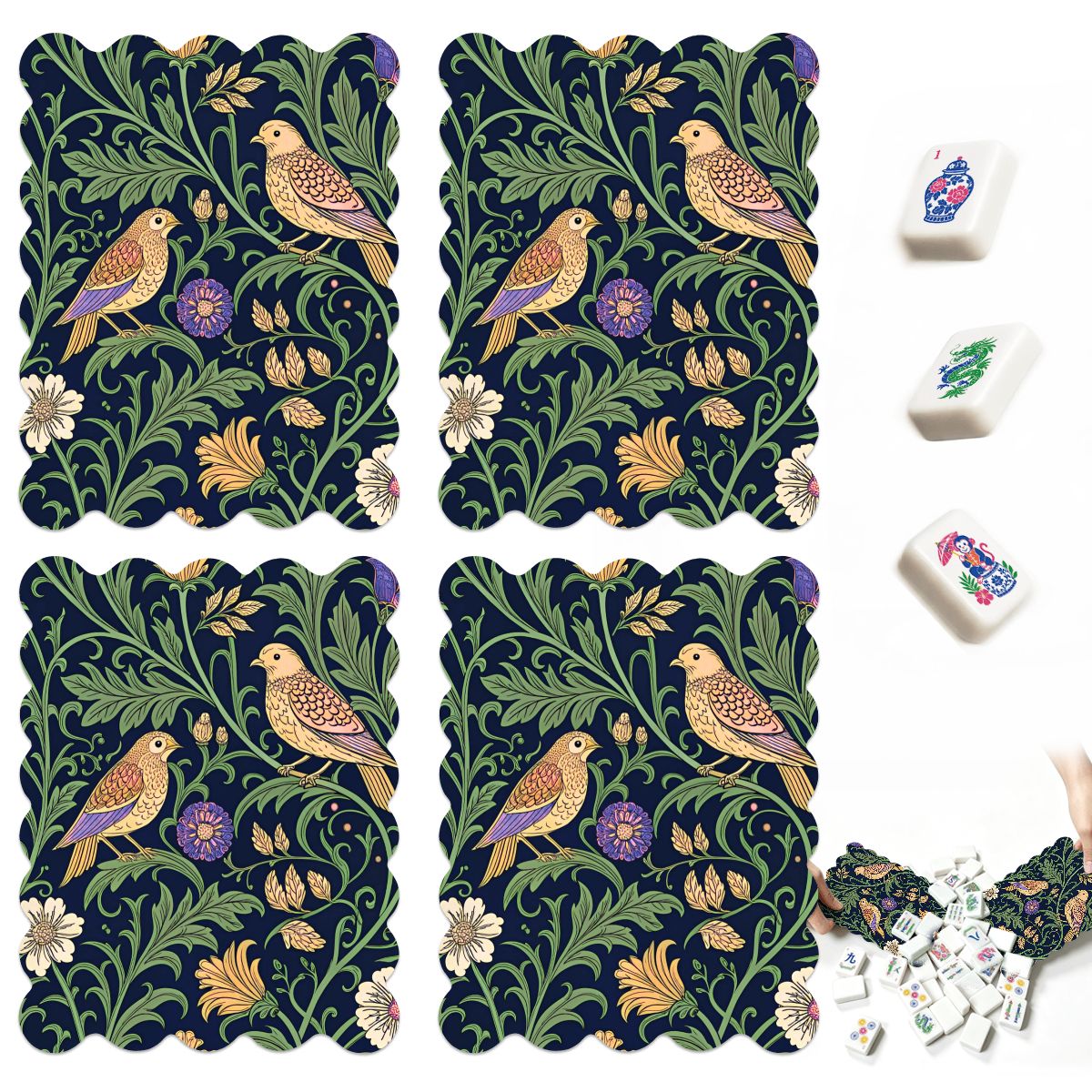 William Morris Birds On A Vine Scalloped Mahjong Shuffler Cards  Set of 4