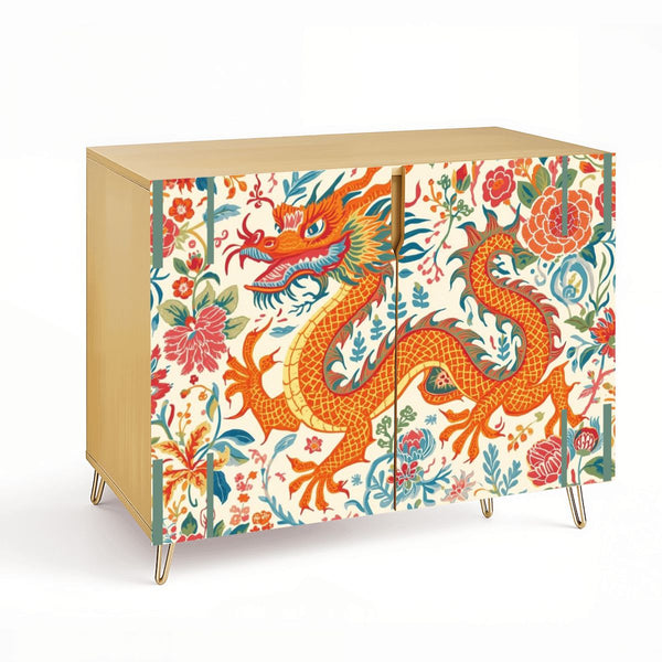 Asian Dragon Chinoiserie Orange Blue Green Modern Wooden Storage Cabinet - Splash of Color Co.