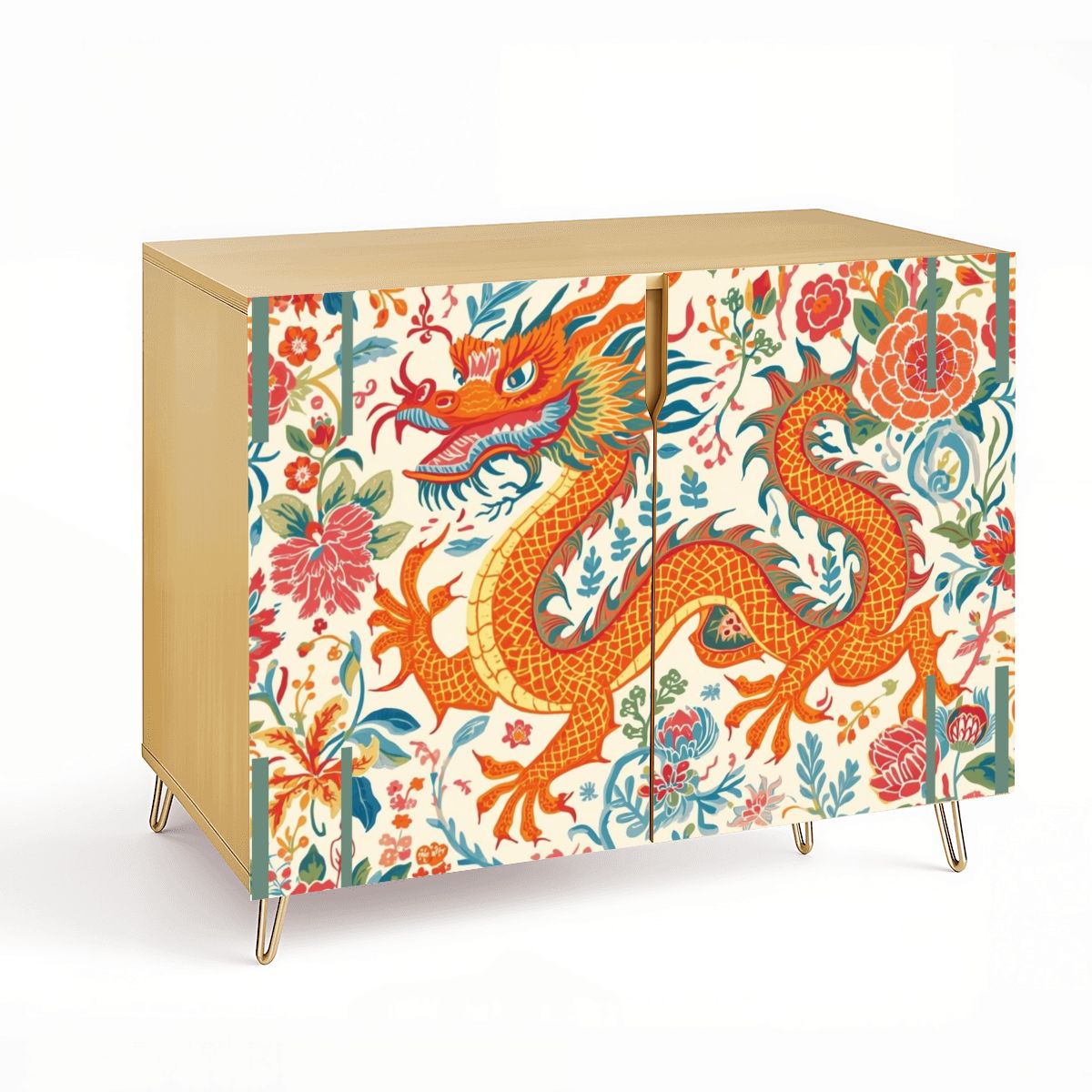 Asian Dragon Chinoiserie Orange Blue Green Modern Wooden Storage Cabinet - Splash of Color Co.